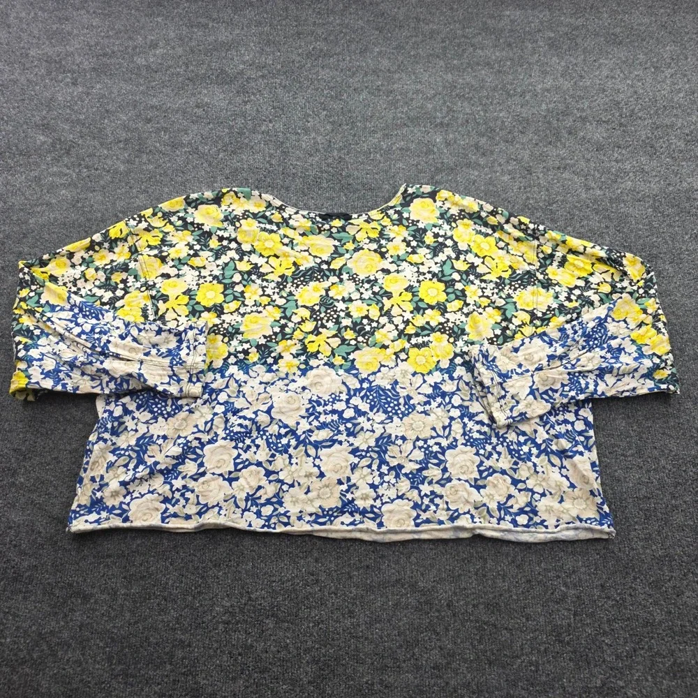 Free People FP Movement Floral Top Long Sleeve Cotton Boho Tee Large Blue Yellow